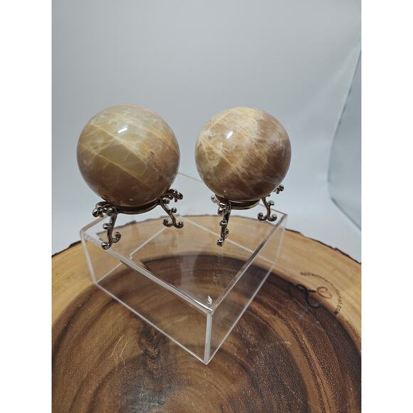 Peach Moonstone Spheres 1 Pair 55mm Each W/Stands - Picture 7 of 11
